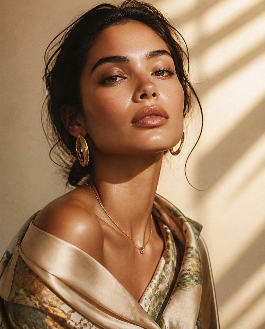 Close portrait of a woman with luminous skin in golden light — Radiance Ritual