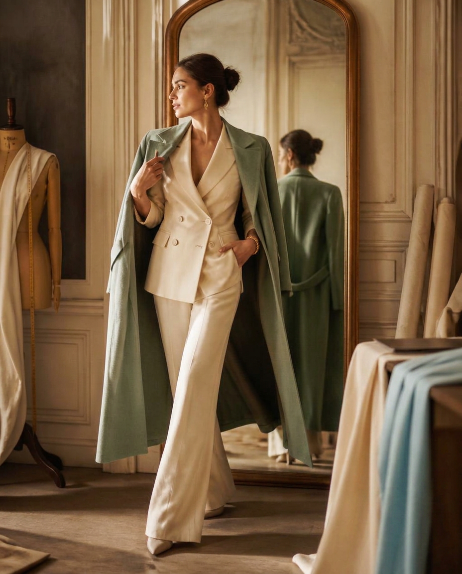 A woman in a tailored cream suit before an antique mirror in an atelier — The Reveal