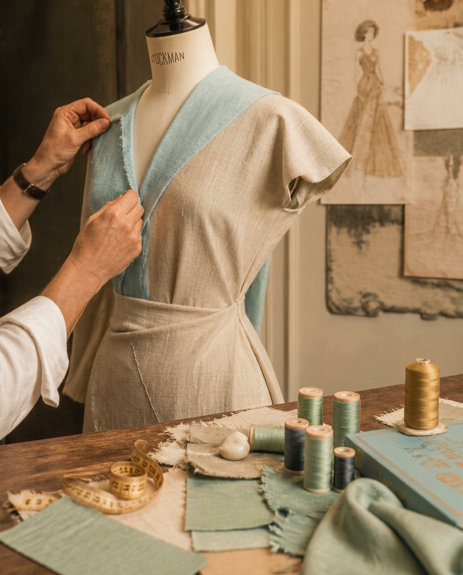 Tailor pinning a half-made garment on a dress form in an atelier — Bespoke Garment