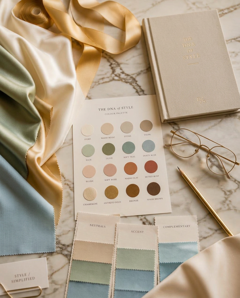Colour palette card, silk swatches and style guide on marble — Style DNA