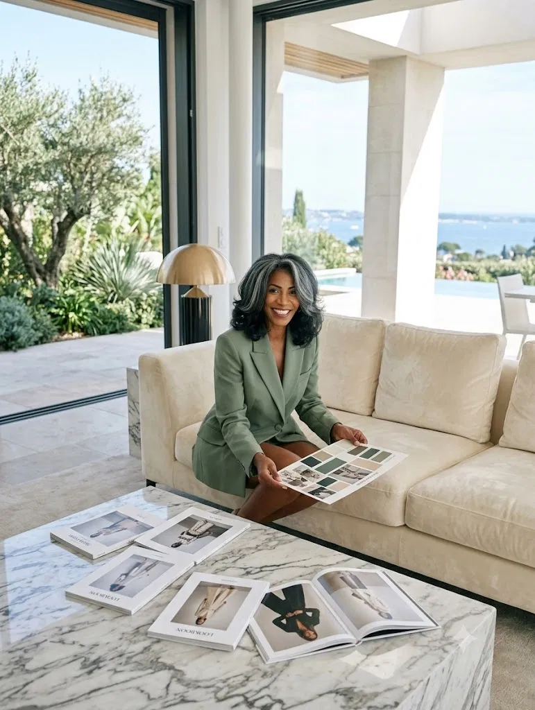 Dutchess Riley-Grat reviewing a resort colour palette in a Riviera villa