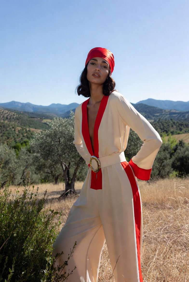 A woman in cream and red silk resort wear standing in an olive grove on the Riviera — Resort Style Assessment