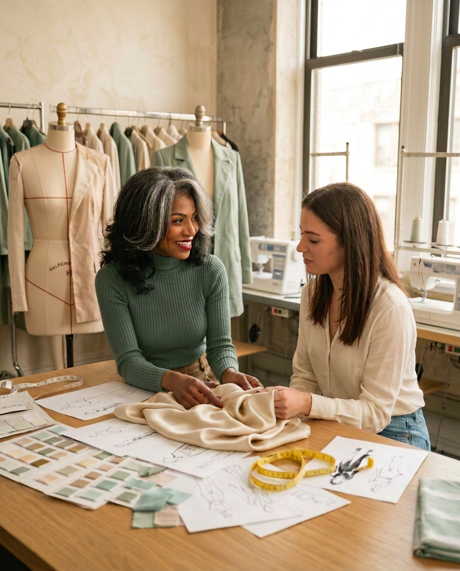 Dutchess working with a client over sketches, fabric swatches and silk in the studio — The Style Session