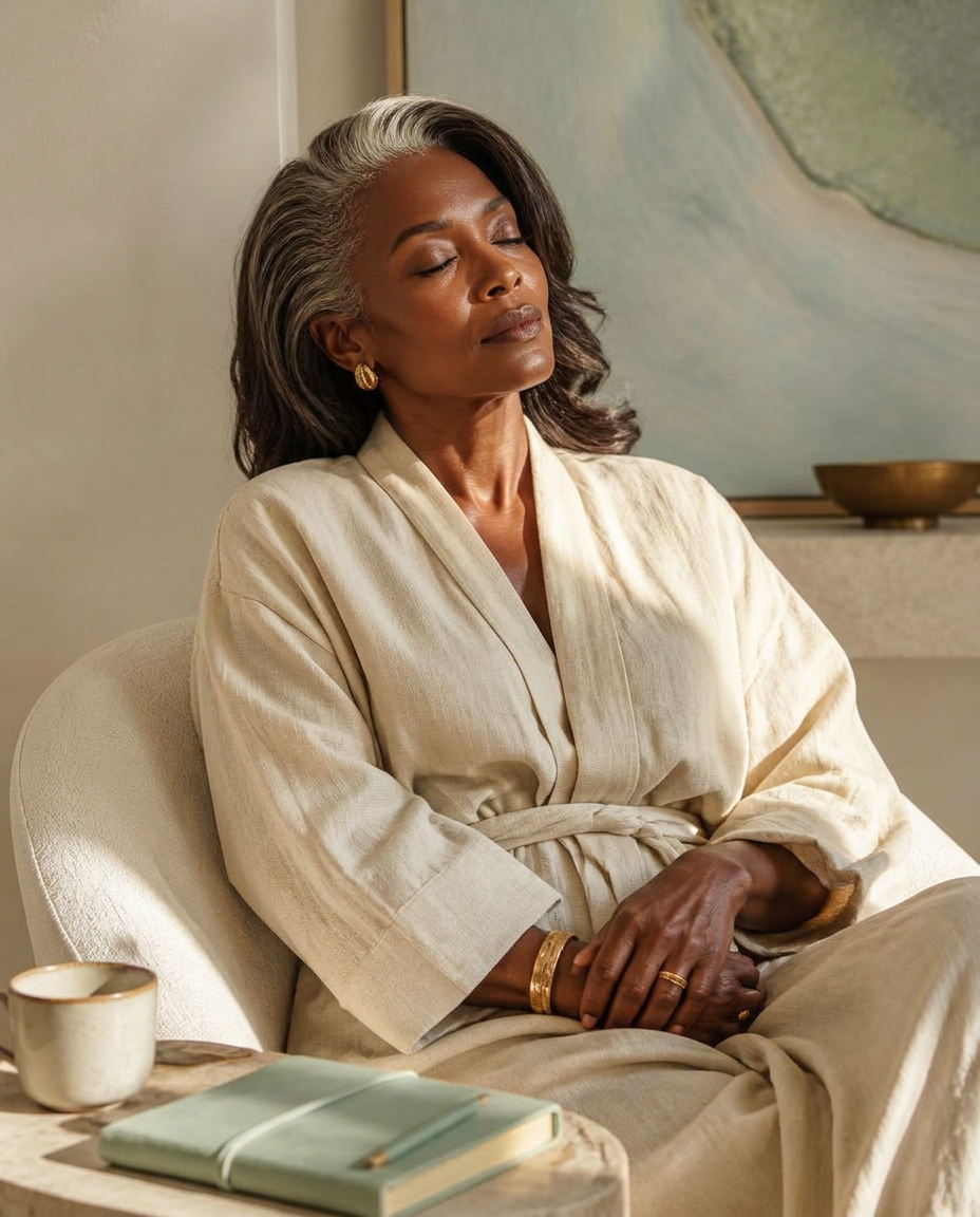 A woman in a linen robe sitting quietly in a sunlit cream room — The Sacred Pause