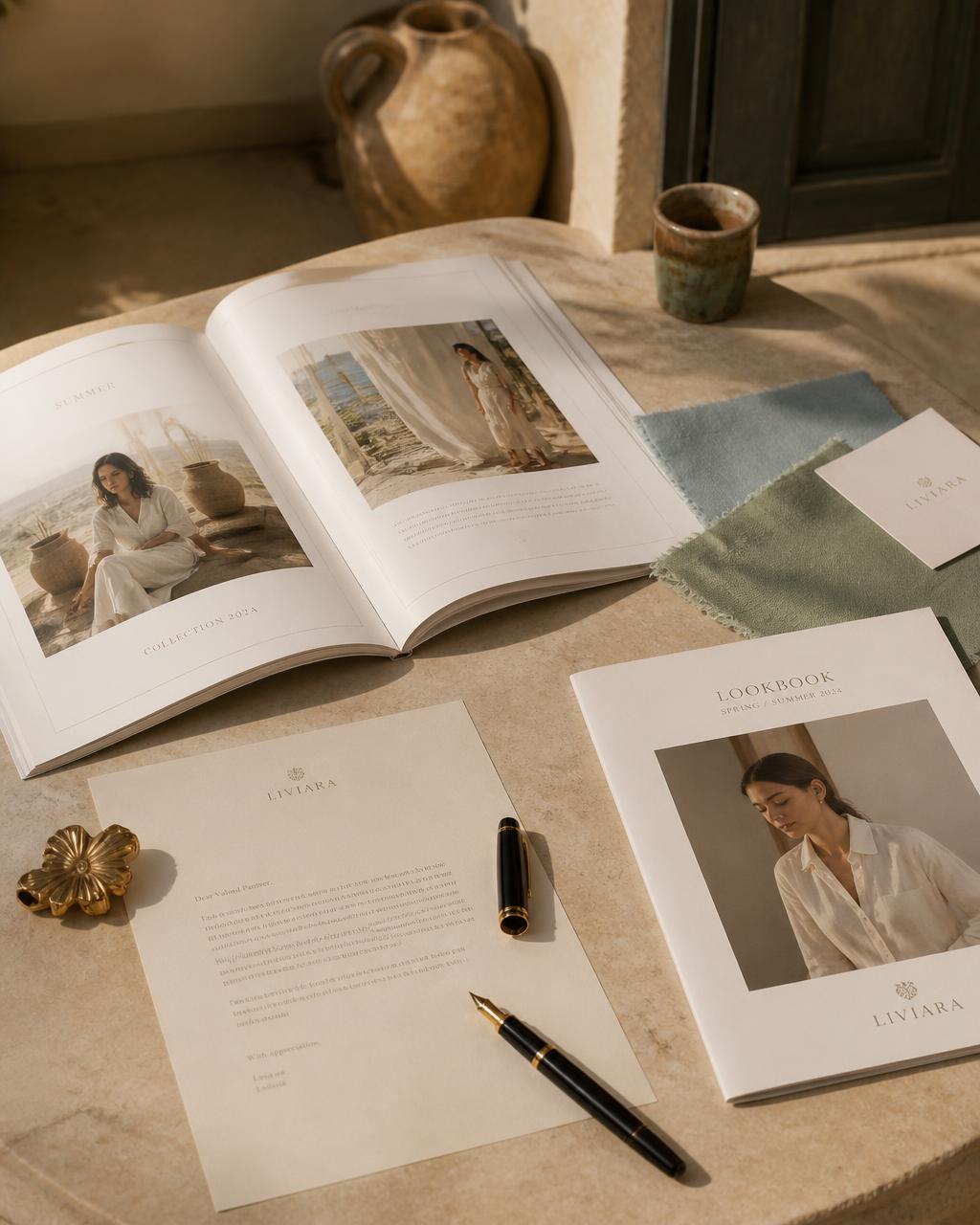 Open lookbook, letterhead and fabric swatches on a sunlit limestone table — Press & Collaboration